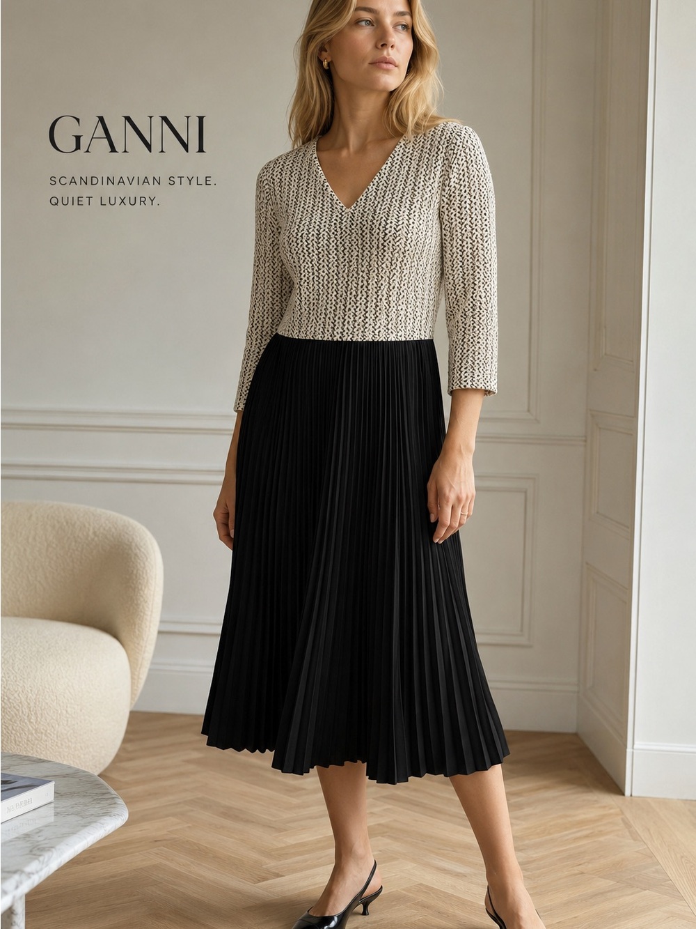 Ganni Anthropologie Jacquard Pleated Dress Size M Black Cream Quiet Luxury